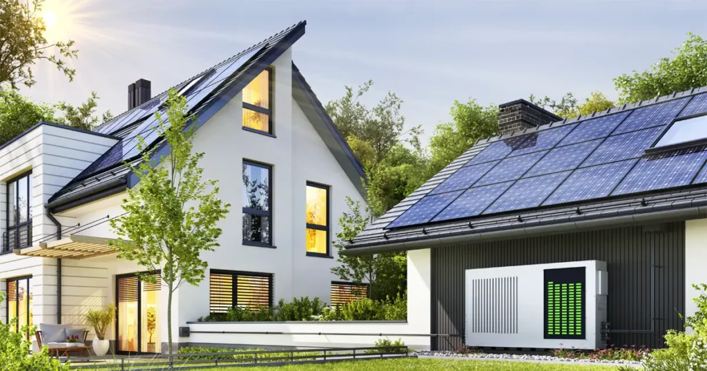 A modern, energy-efficient home with solar panels on the roof and a battery storage system installed outside. The house is surrounded by lush greenery, emphasizing sustainability and renewable energy solutions.