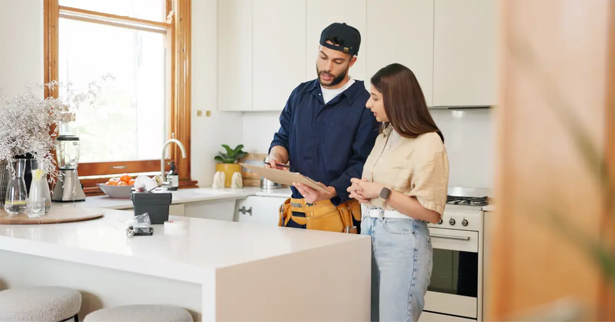 A contractor in a navy blue work uniform and tool belt discusses a clipboard checklist with a homeowner in a modern kitchen. The homeowner, wearing a beige top and jeans, listens attentively while holding her hands together. The bright kitchen features white cabinets, a marble countertop, and various decorative elements.